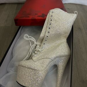 Pleaser Sparkling Cream Lace-Up Heeled Boots